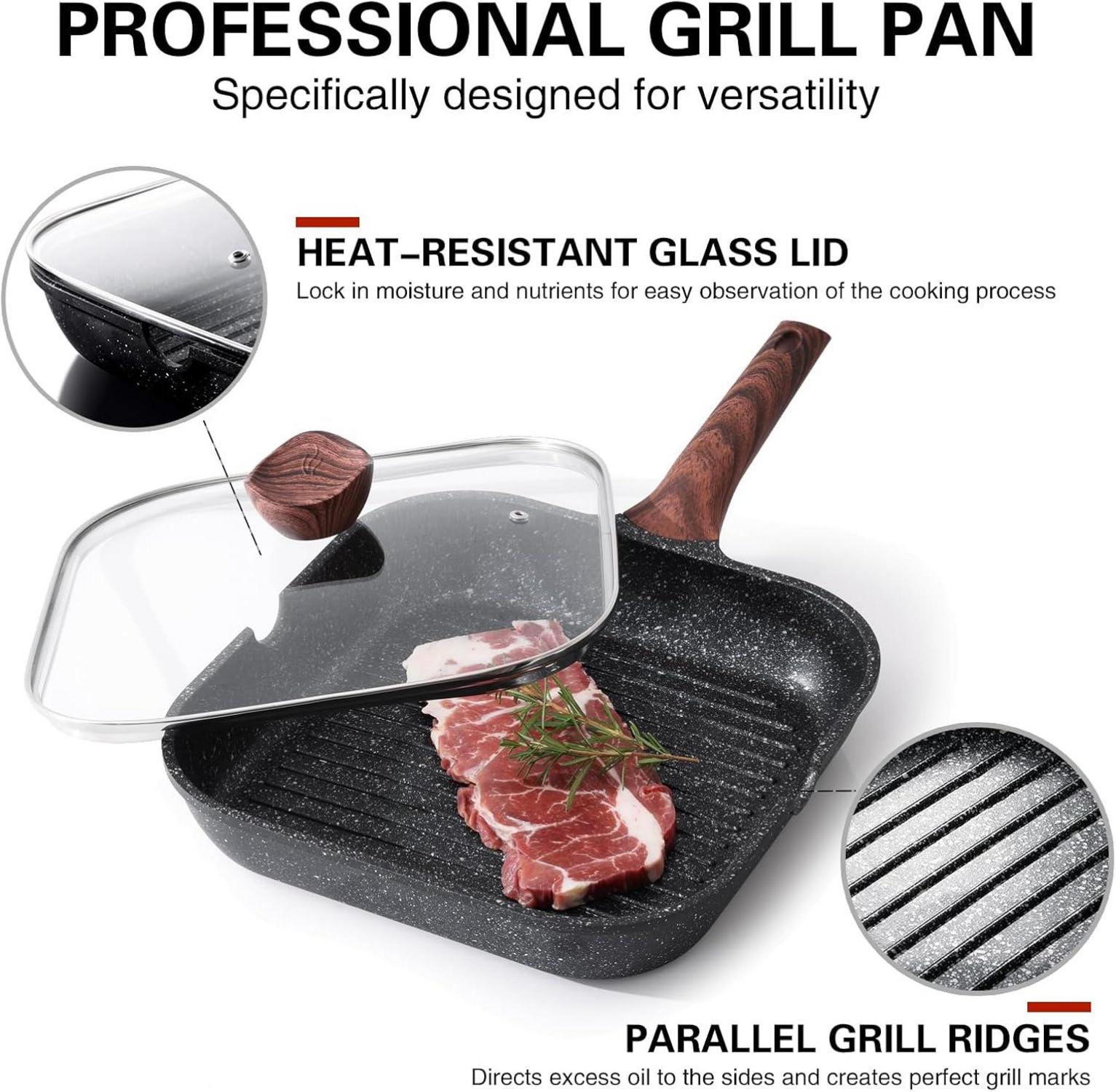 Kordisen Antihaft-Grillpfanne mit Deckel 24cm Induktion Granitbeschichtung