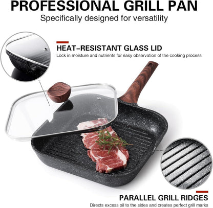 Kordisen Antihaft-Grillpfanne mit Deckel 24cm Induktion Granitbeschichtung