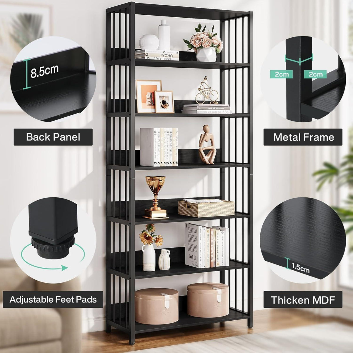 Industrie Bücherregal 6-Ebenen, 190cm Standregal für Wohnzimmer