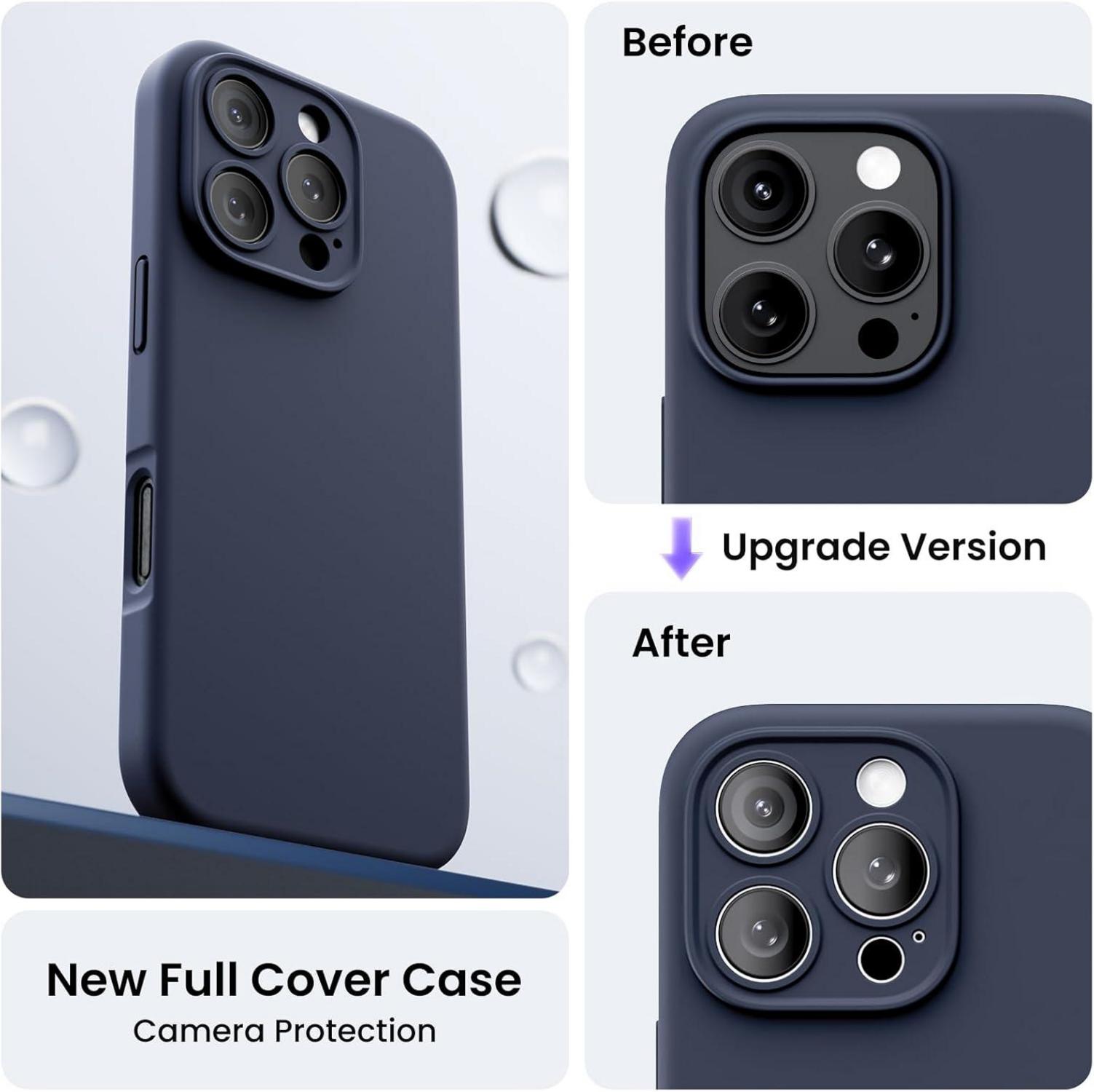 ORNARTO iPhone 16 Pro Hülle: Kameraschutz, 2 Schutzfolien, flüssiges Silikon, stoßfest, Mikrofaser - Mittnachtsblau
