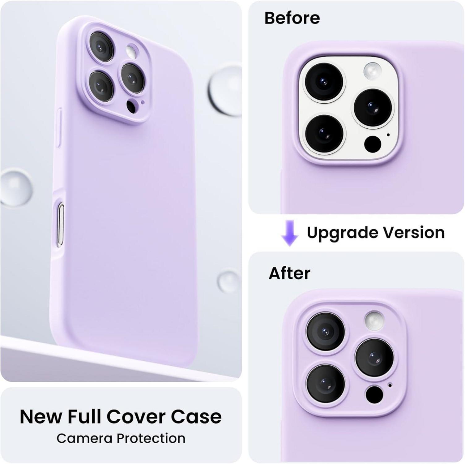 ORNARTO iPhone 16 Pro Hülle mit Kameraschutz und Schutzfolien, flüssiges Silikon Flieder