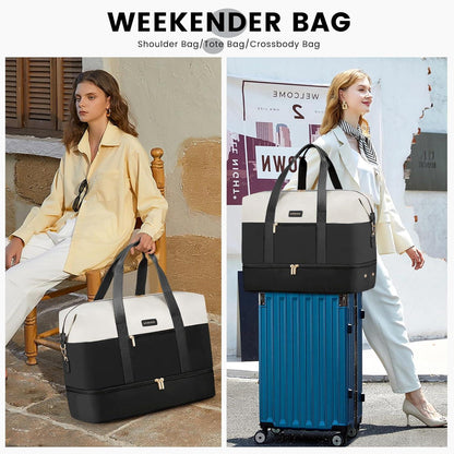 Reisetasche Weekender Damen Groß Handgepäck Tasche Flugzeug 56L Kliniktasche Geburt Sporttasche Duffle Bag Travel Beige Schwarz
