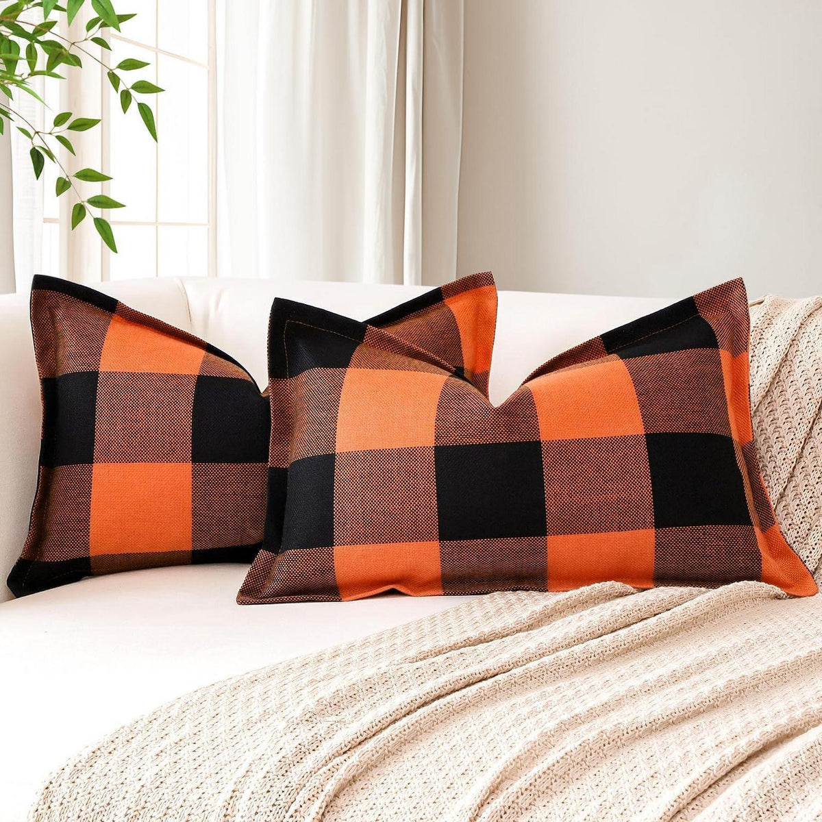 2x Kissenbezug Buffalo Plaid Schwarz Orange 30x50cm