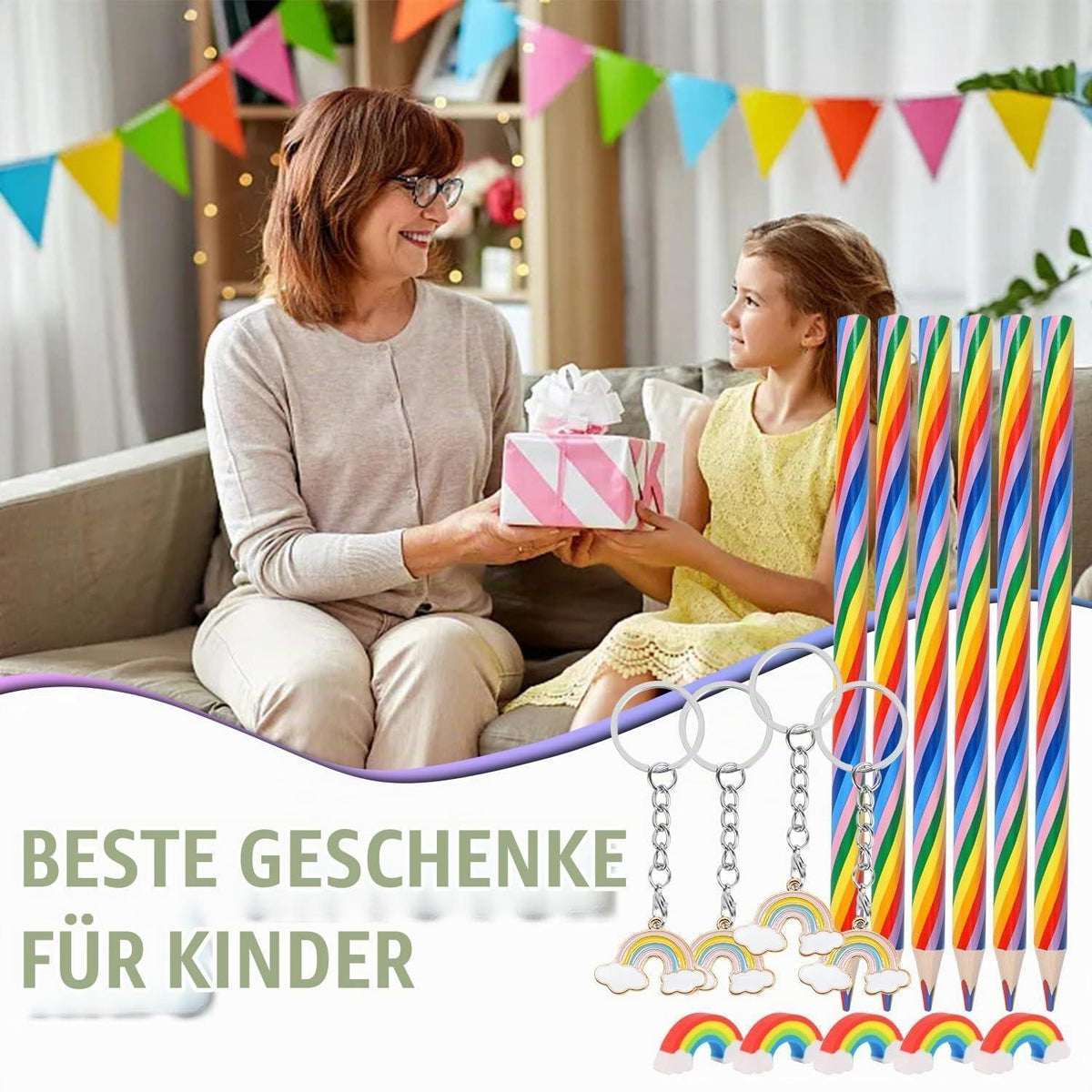 Regenbogen Stift Set 36tlg. mit Radiergummis & Schlüsselanhänger