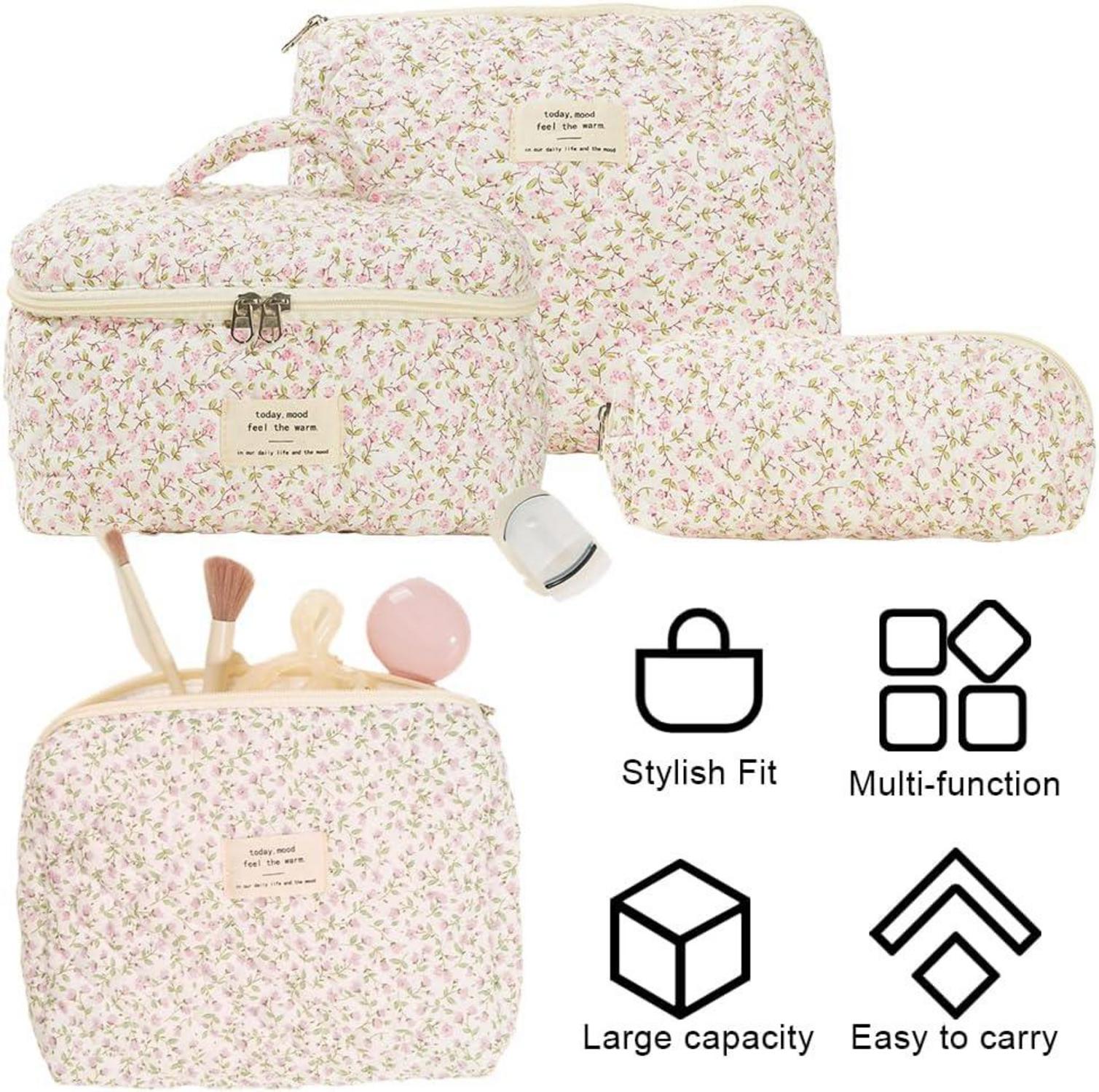 3-teiliges Aesthetic Kosmetiktaschen-Set Blumenmuster mit Kulturtasche