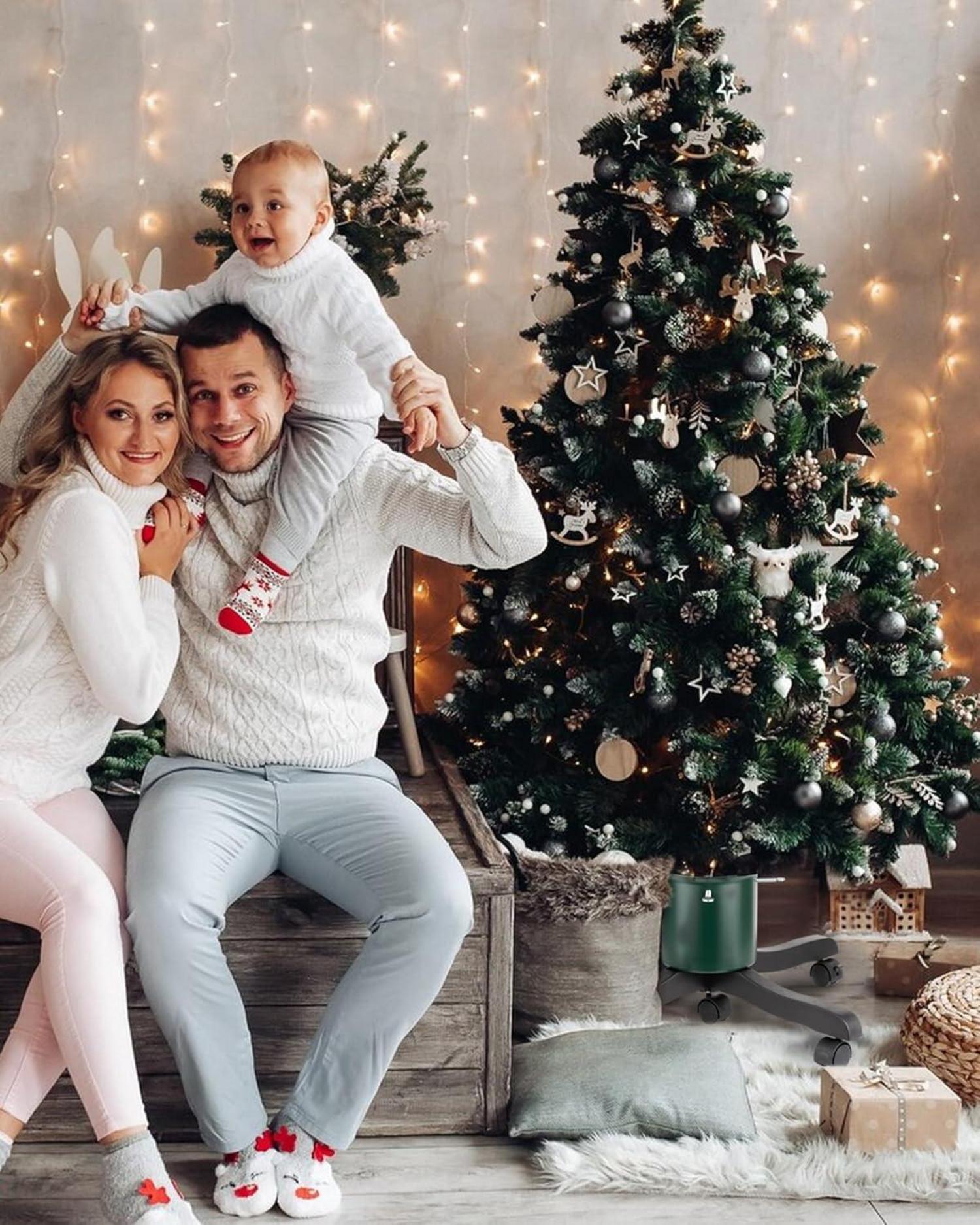 PUDO Christbaumständer Weihnachtsbaumständer mit 360° Rollen für Bäume bis 2m Stamm Grün