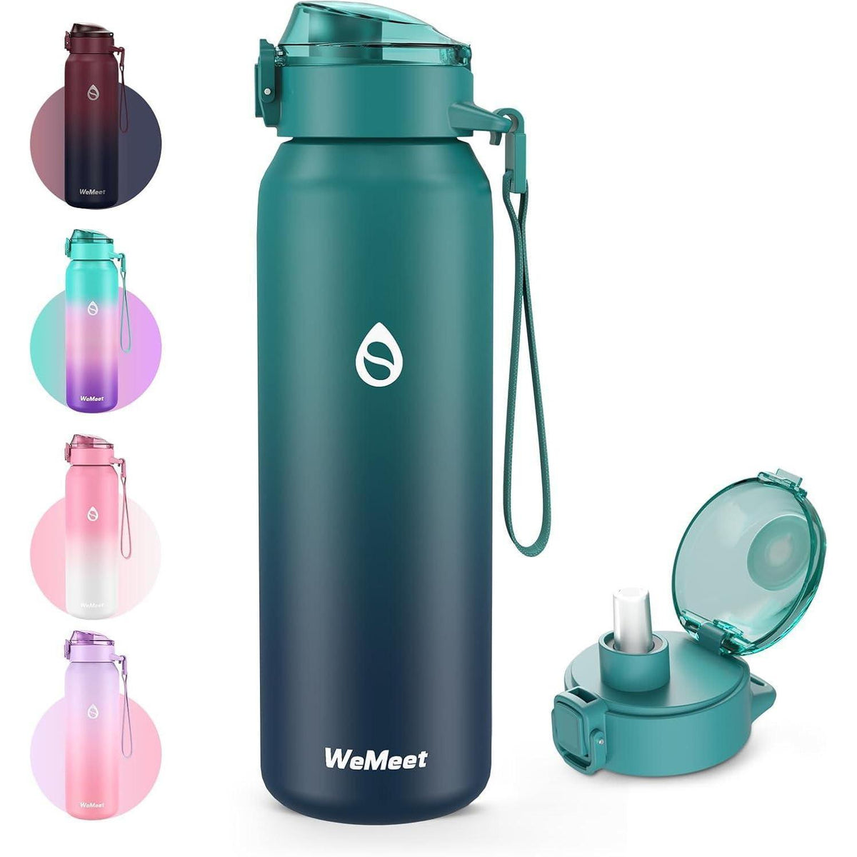 Edelstahl Trinkflasche mit Strohhalm, 500ml, Blau