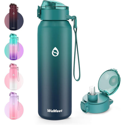 Edelstahl Trinkflasche mit Strohhalm, 500ml, Blau