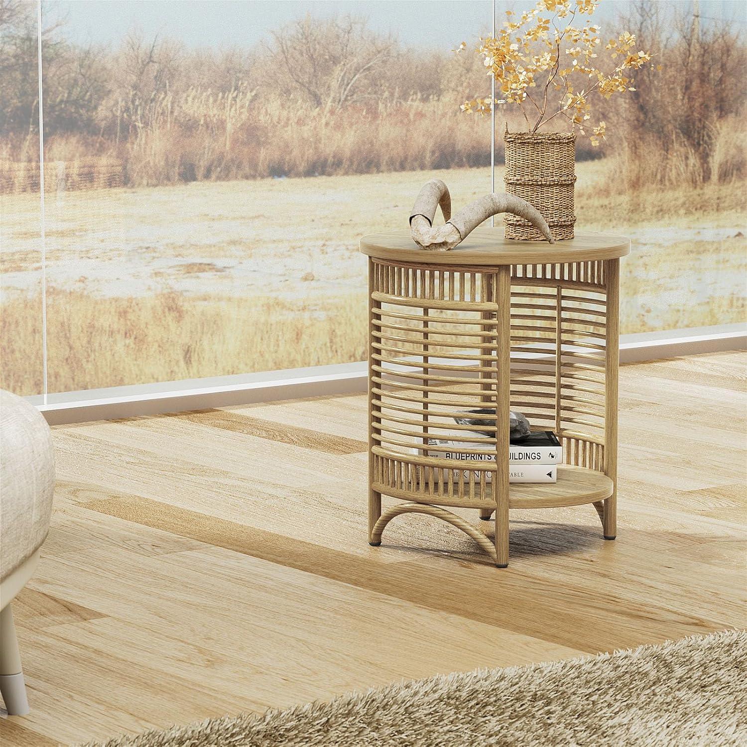 Runder Beistelltisch Holzfarbe 2 Böden BoHo-Stil