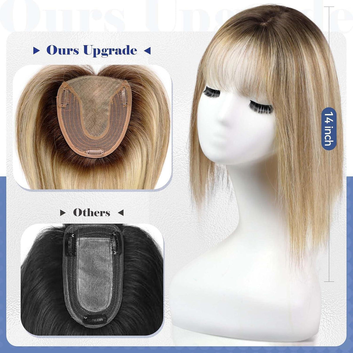 Echthaar Haarteil mit Pony, Ombré Braun Blond, 14 Zoll