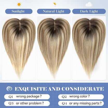 Echthaar Haarteil mit Pony, Ombré Braun Blond, 14 Zoll