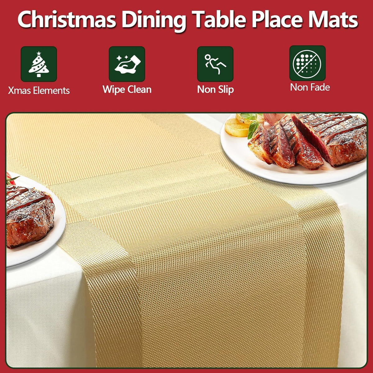 Famibay Weihnachten Tischsets Platzdeckchen 6er Set Gold 180cm Hitzebeständig