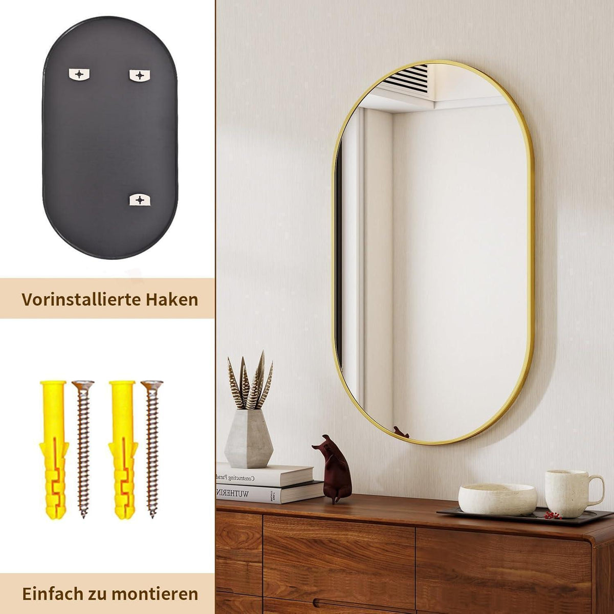 Ovaler Wandspiegel 43x76cm – Gehärtetes Glas, Gold