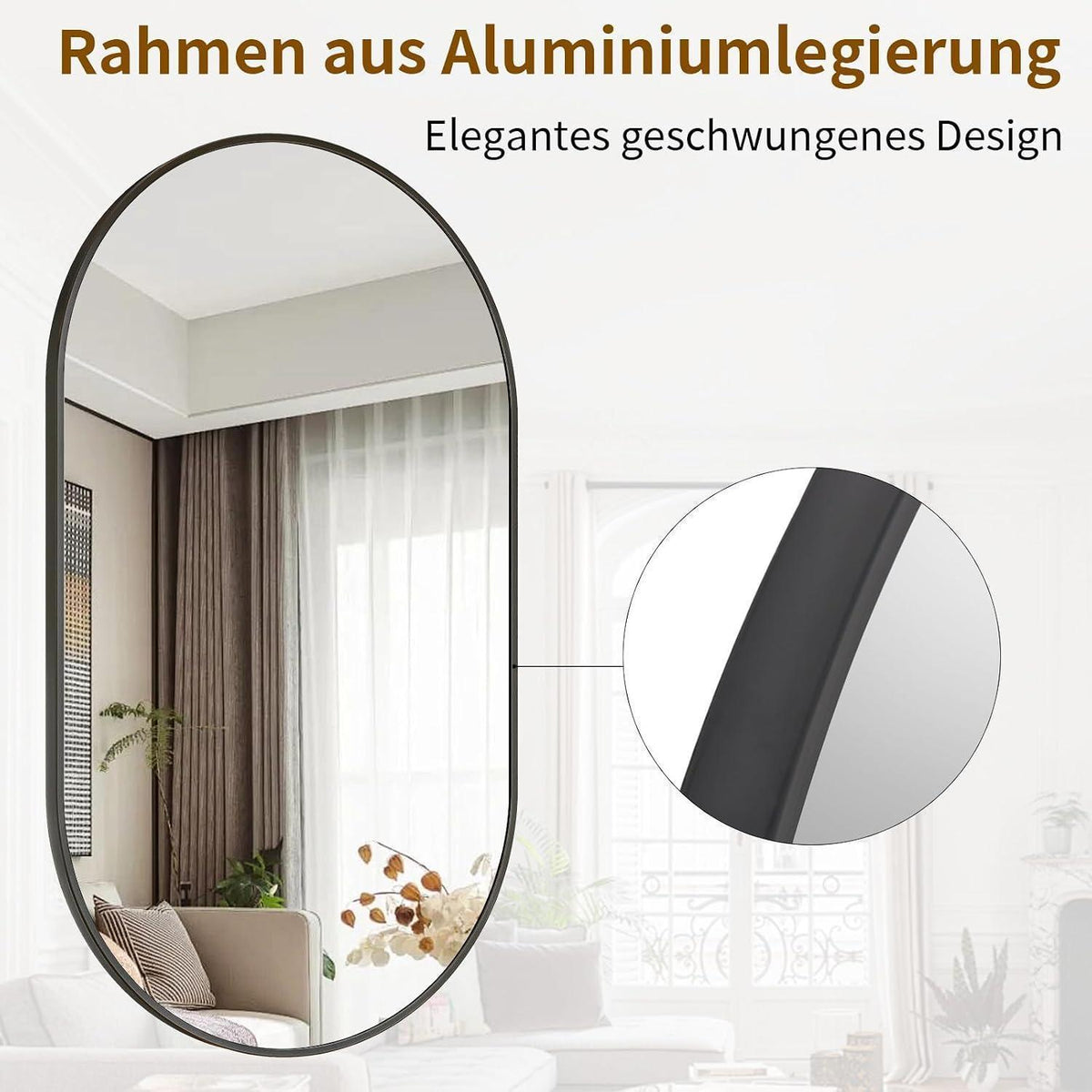 Ovaler Wandspiegel 43x76cm – Gehärtetes Glas, Schwarz