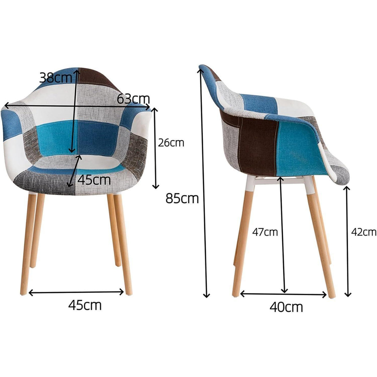 2 Esszimmerstühle mit Armlehne, Blaues Leinen-Patchwork