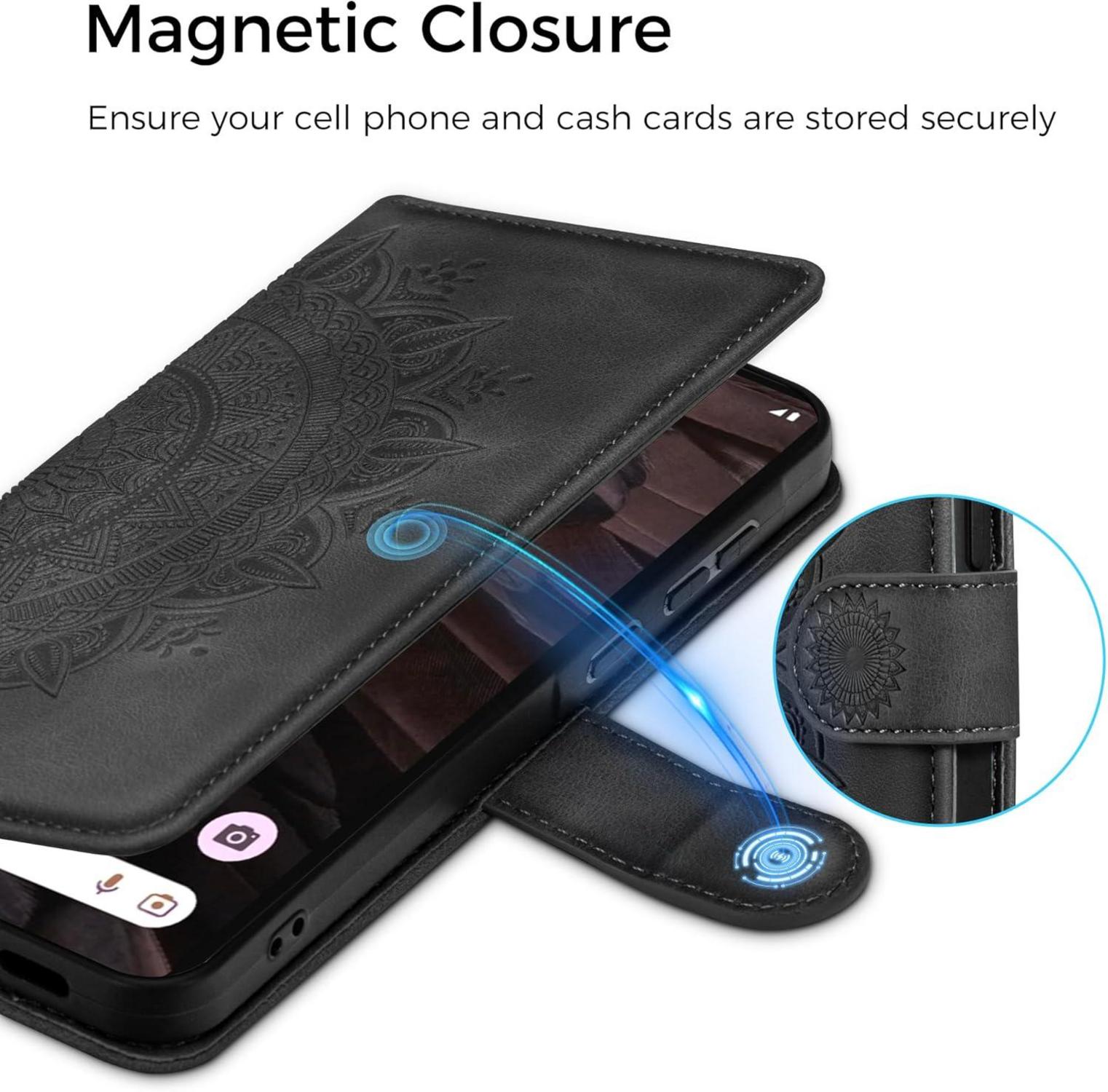 Google Pixel 7A Lederhülle Wallet Case Schwarz Magnet Standfunktion
