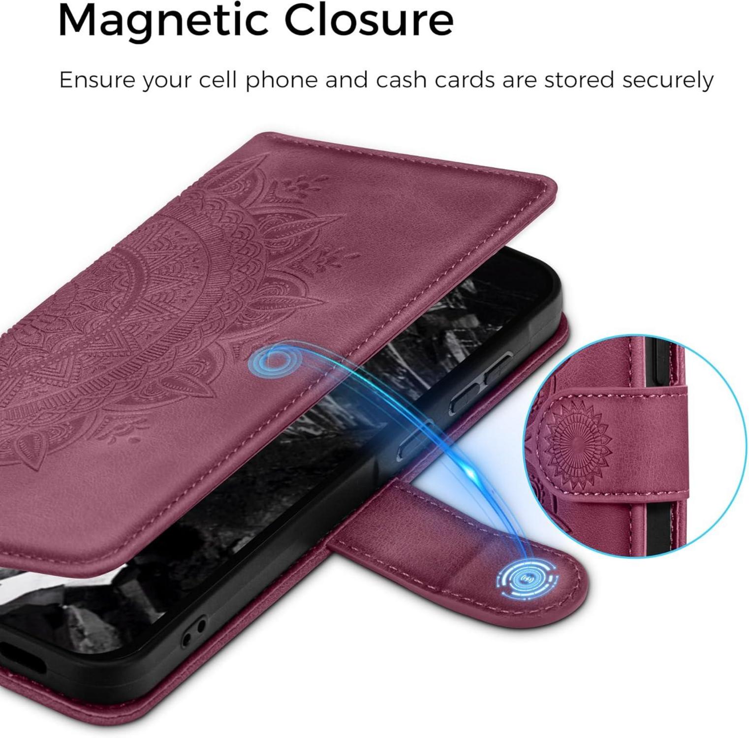 Google Pixel 8A Lederhülle Weinrot Flip Wallet Case Standfunktion & Kartenfach