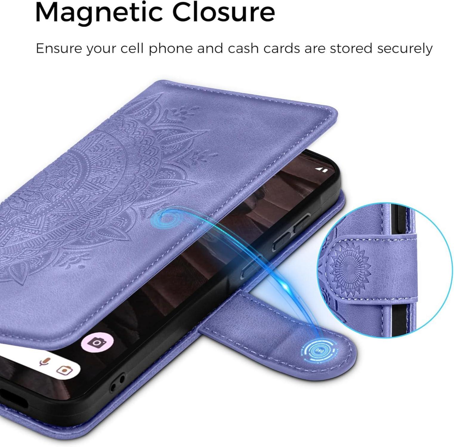 Google Pixel 7A Lederhülle Wallet Standfunktion Kartenfach Lila