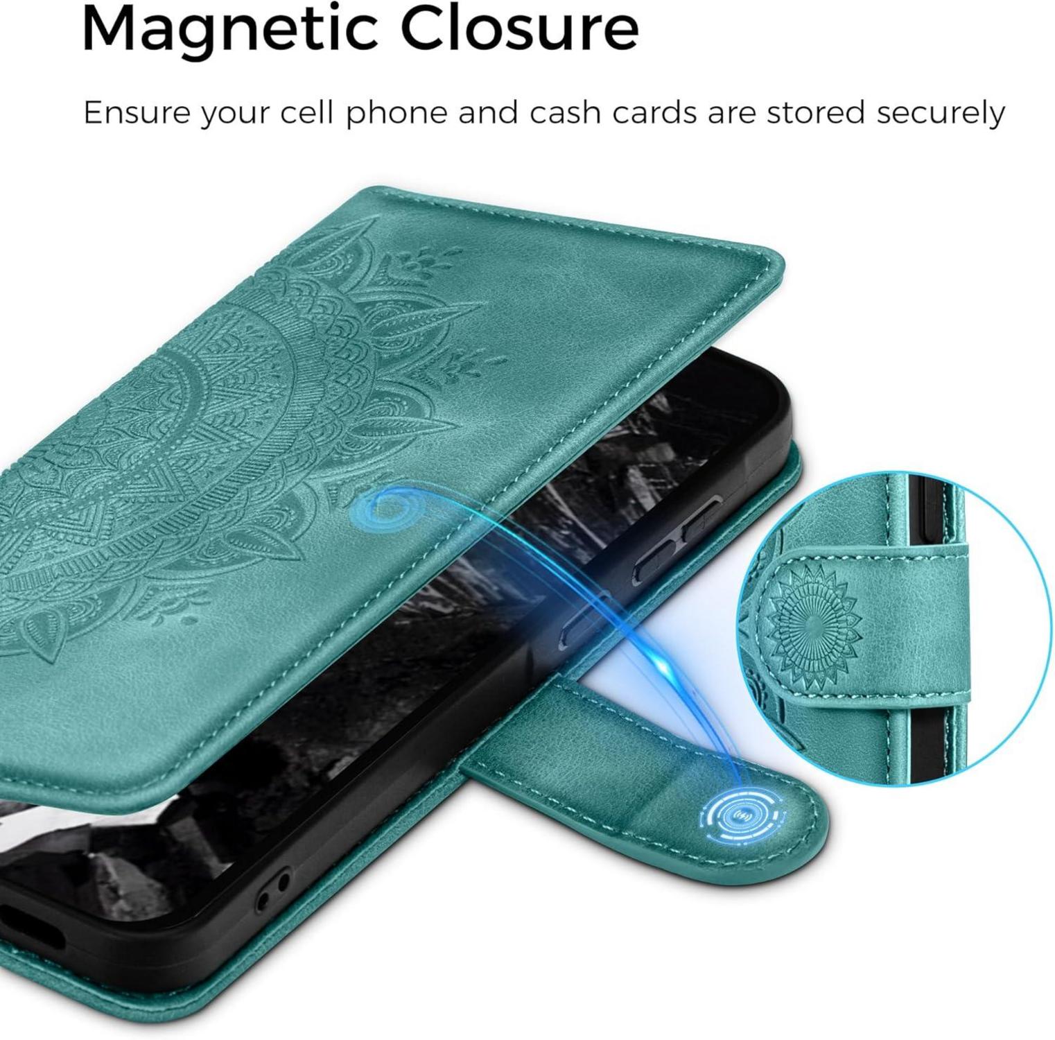 Google Pixel 8A Lederhülle Wallet Prägung Grün Schutzhülle