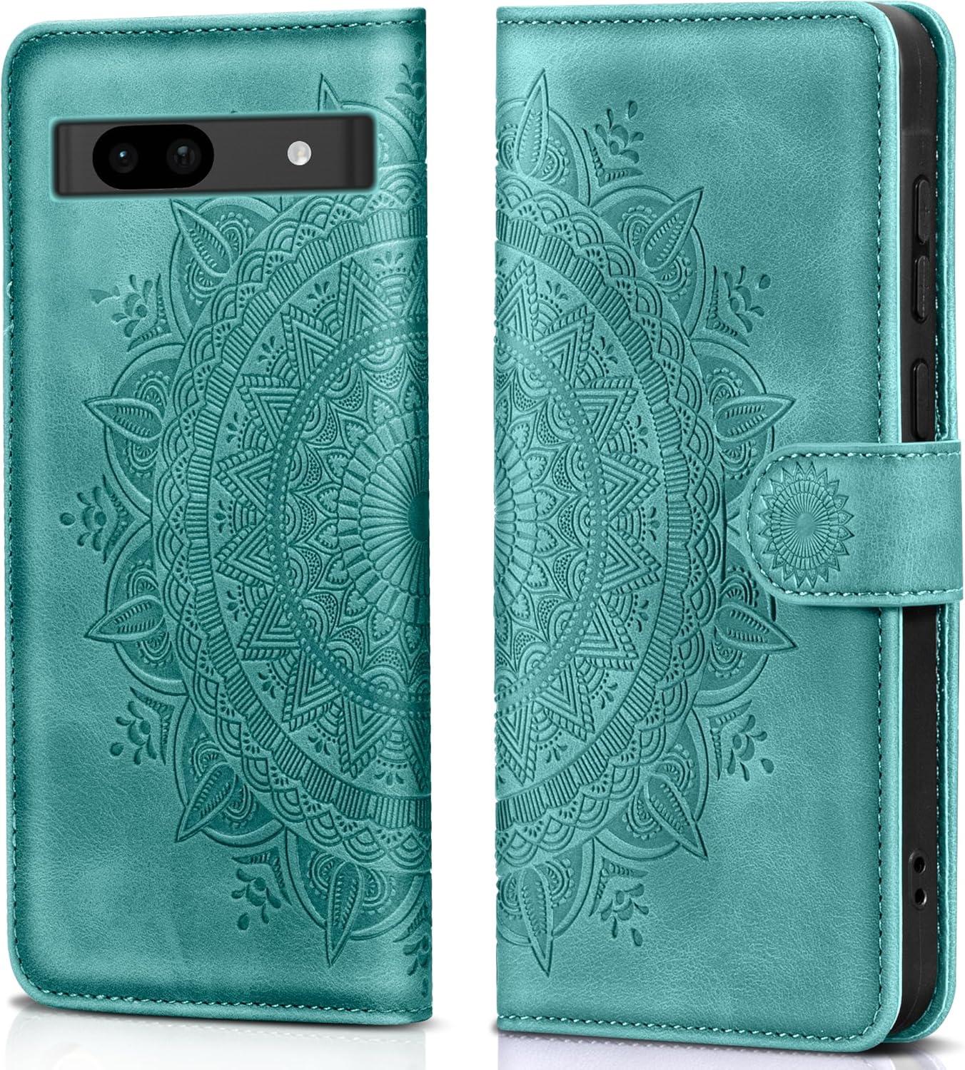 Google Pixel 8A Lederhülle Wallet Prägung Grün Schutzhülle