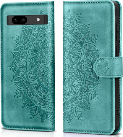 Google Pixel 8A Lederhülle Wallet Prägung Grün Schutzhülle