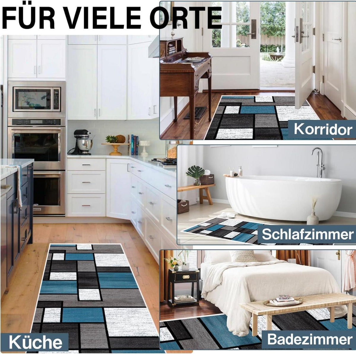 Teppich Läufer Flur 60x180 cm rutschfest waschbar Modern Blau Kariert