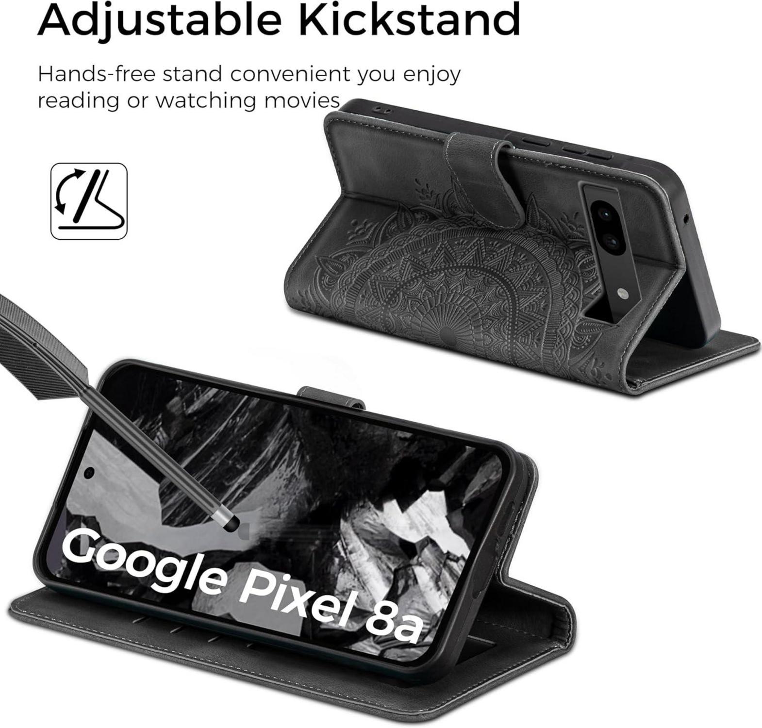 Google Pixel 8A Leder Wallet Hülle Schwarz mit Standfunktion