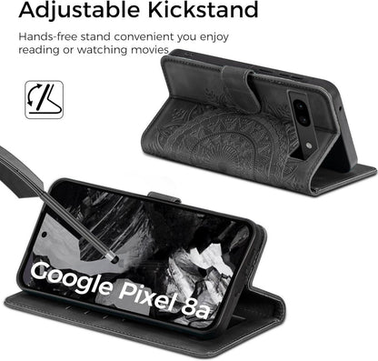 Google Pixel 8A Leder Wallet Hülle Schwarz mit Standfunktion