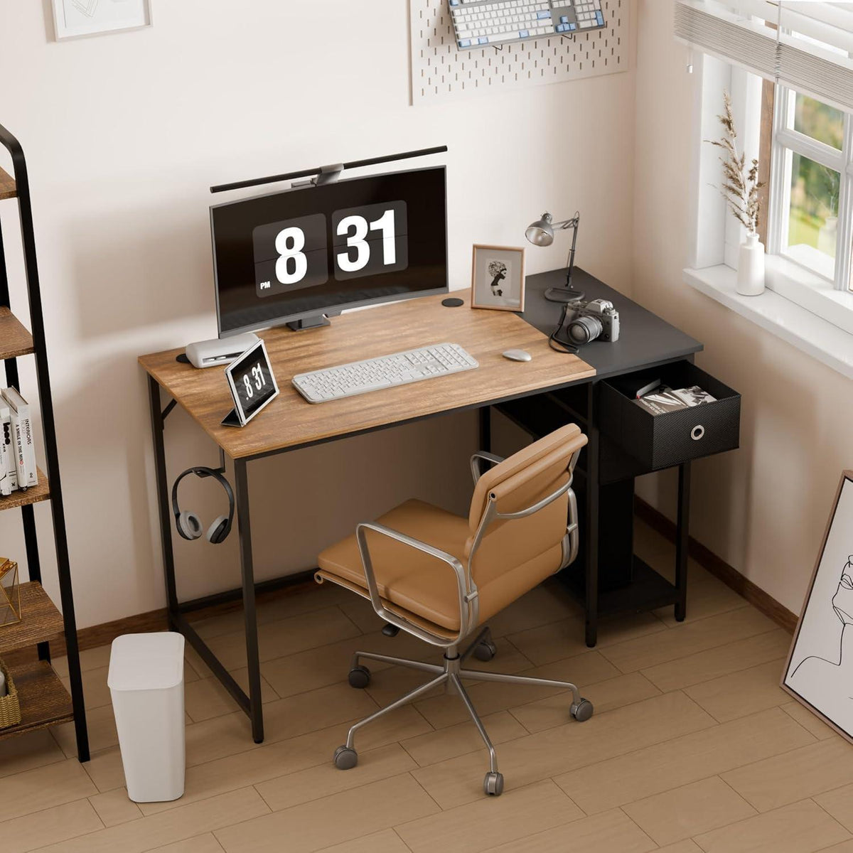 Schreibtisch mit Schubladen & Kopfhörerhalter, Vintage Braun/Schwarz, 120x60cm