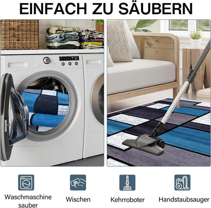 Teppich Läufer Flur rutschfest 60x200cm Blau Karo waschbar