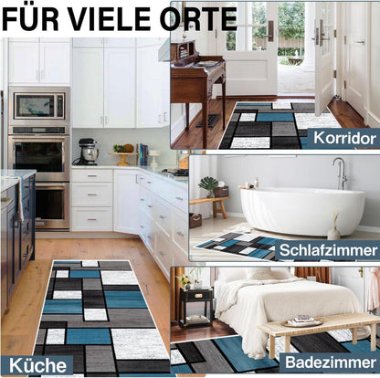 Teppich Läufer Flur 60x200cm Blau rutschfest waschbar Modern