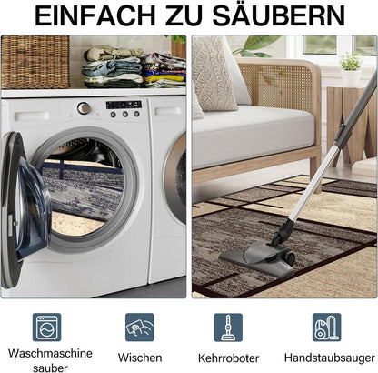 Teppich Läufer Flur rutschfest 80x120 cm Modern Waschbar Beige Kariert