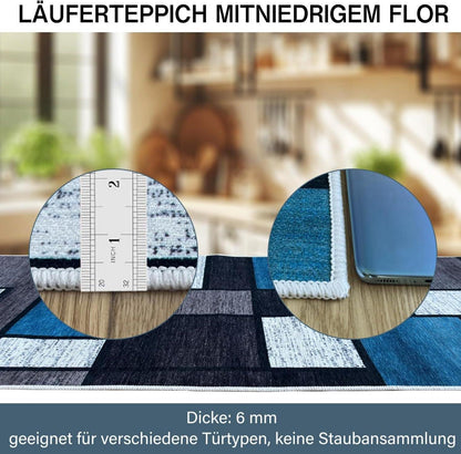 Teppich Läufer Flur rutschfest, Blau Kariert 80x150cm Waschbar & Modern