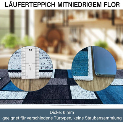 Rutschfester Teppichläufer 80x120cm Blau Kariert - Waschbar