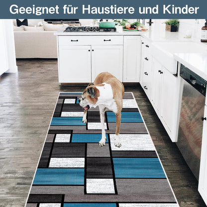 Rutschfester Teppichläufer 80x120cm Blau Kariert - Waschbar