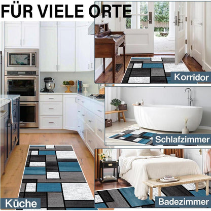 Rutschfester Teppichläufer 80x120cm Blau Kariert - Waschbar