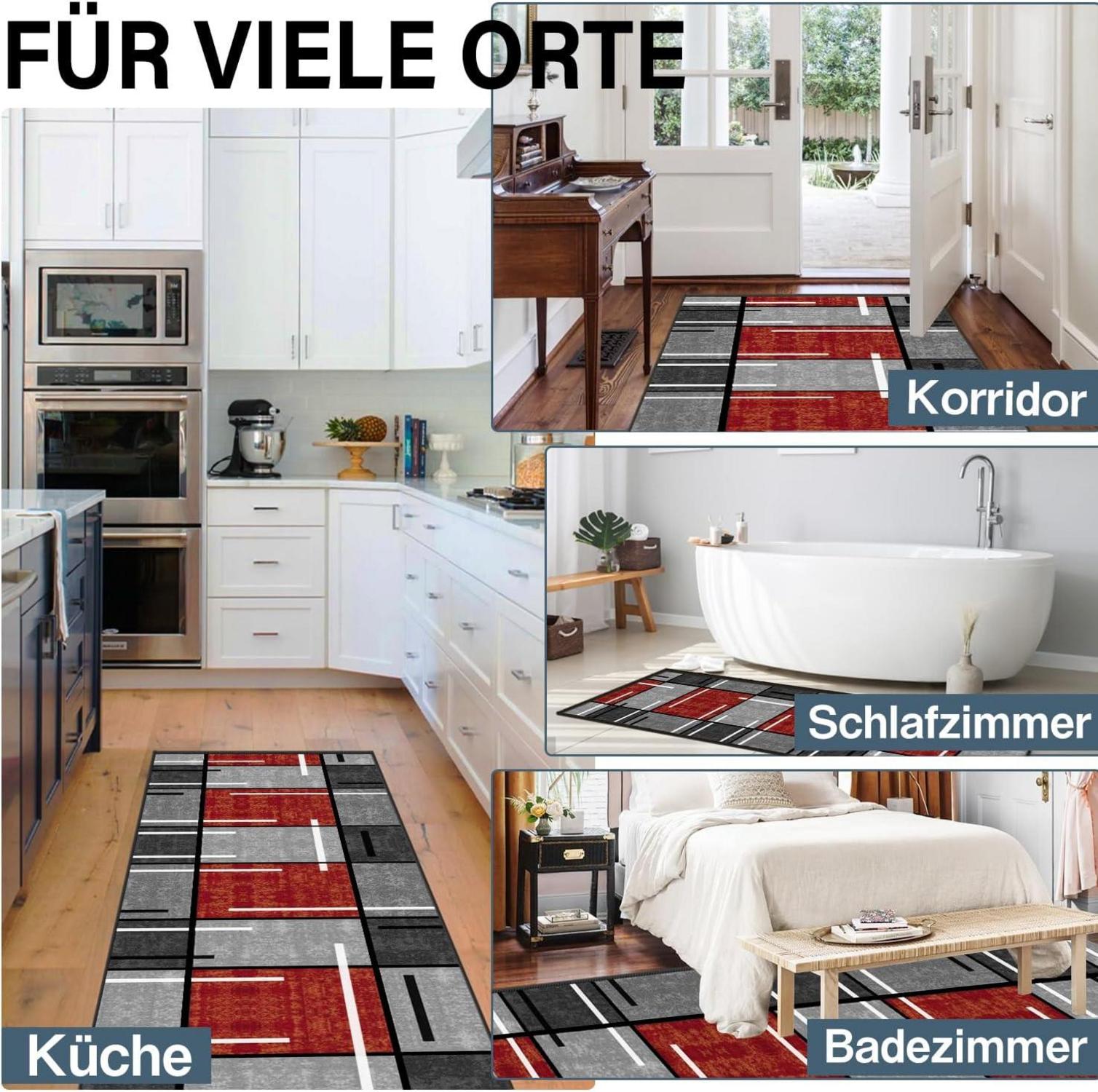 Teppich Läufer Flur 60x250 cm rutschfest waschbar modern rot karierter