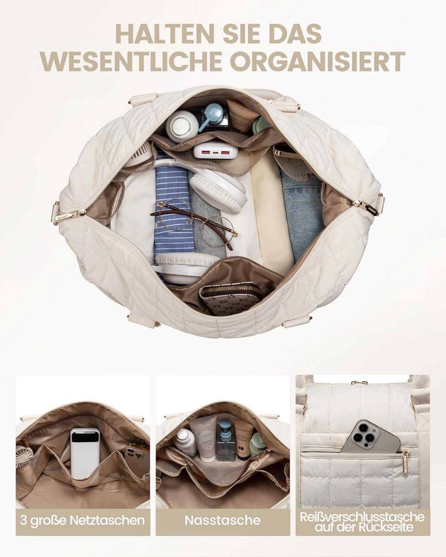 Reisetasche Damen Leicht Weekender Handgepäck Tasche Schuhfach Nassfach Beige