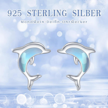 925 Silber Delfin Ohrstecker mit Mondstein - Tier Ohrringe