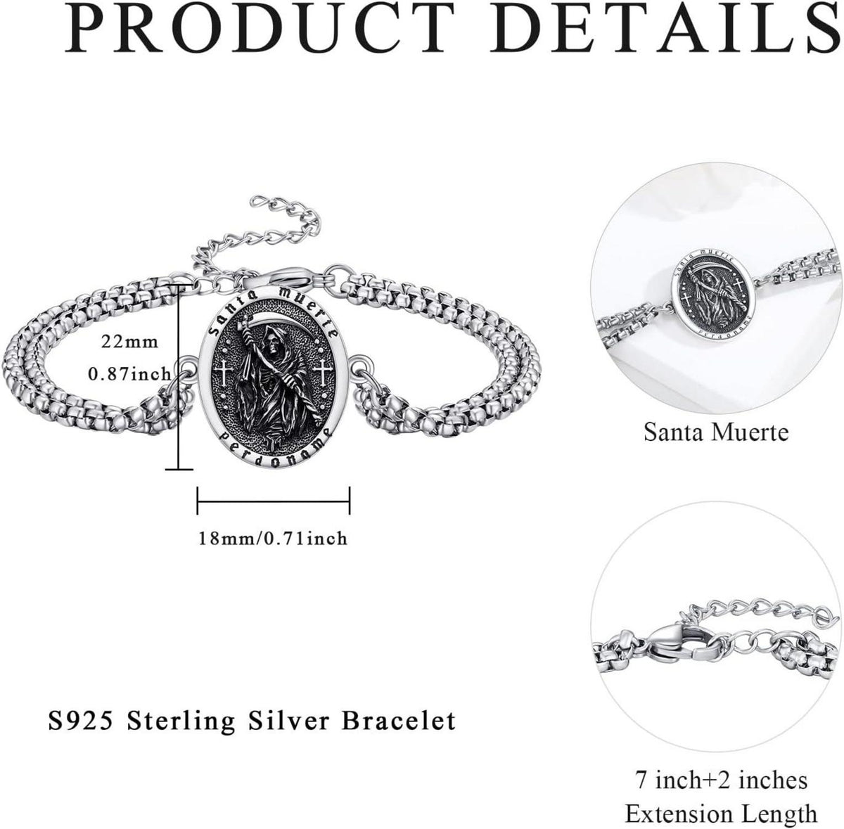 Santa Muerte Totenkopf Armband 925 Sterling Silber verstellbar