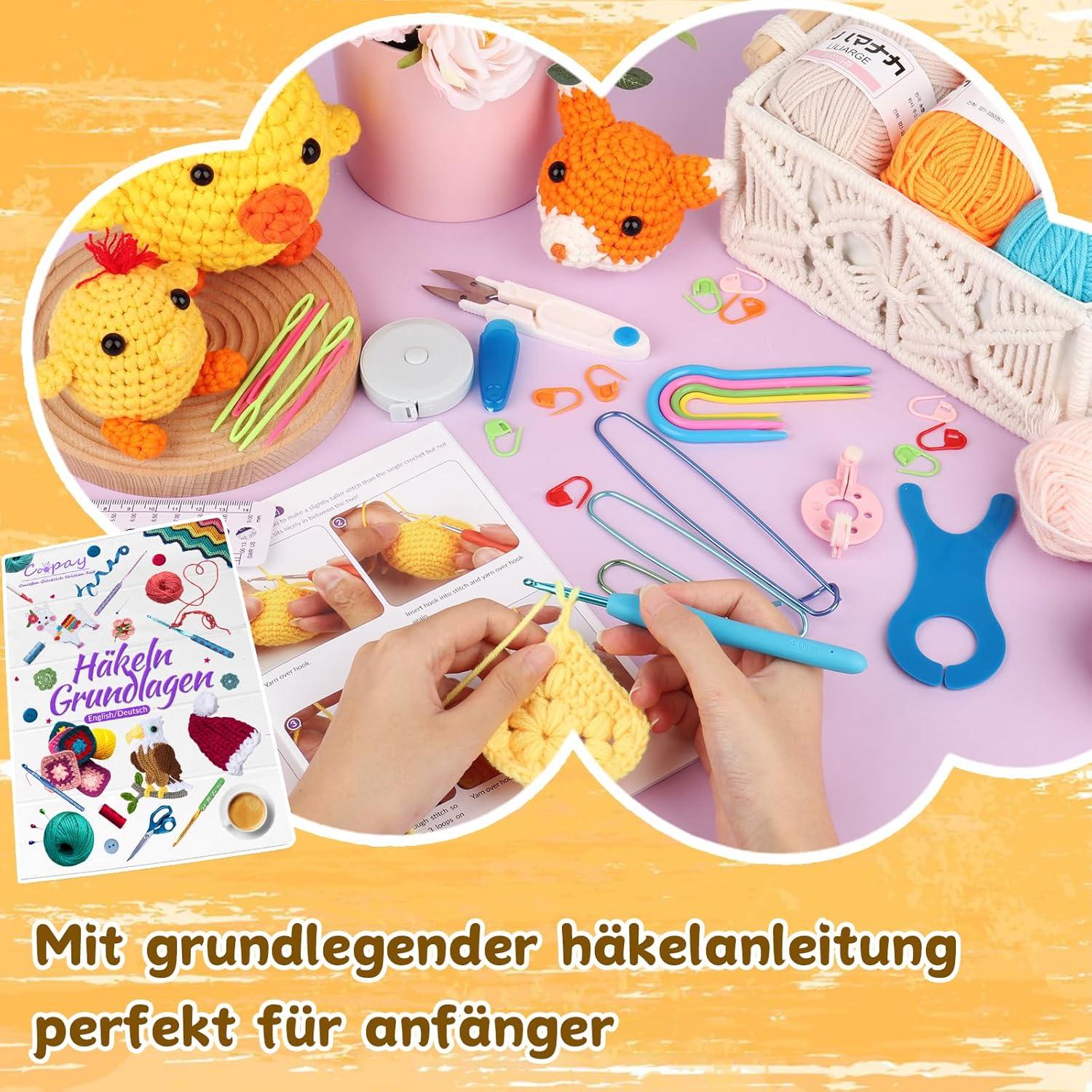 Coopay Häkelset für Anfänger, 15 Farben Wolle, Ergonomische Nadeln, Anleitung
