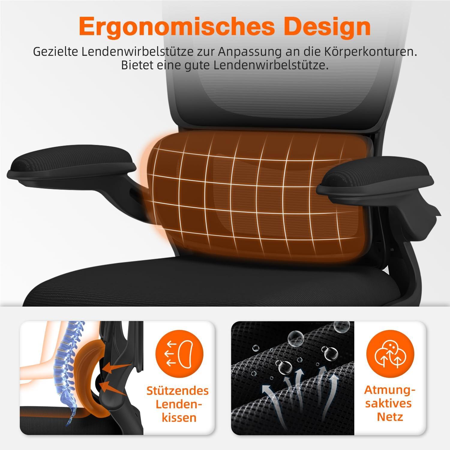 Ergonomischer Bürostuhl mit verstellbarer Kopfstütze und Lendenwirbelstütze