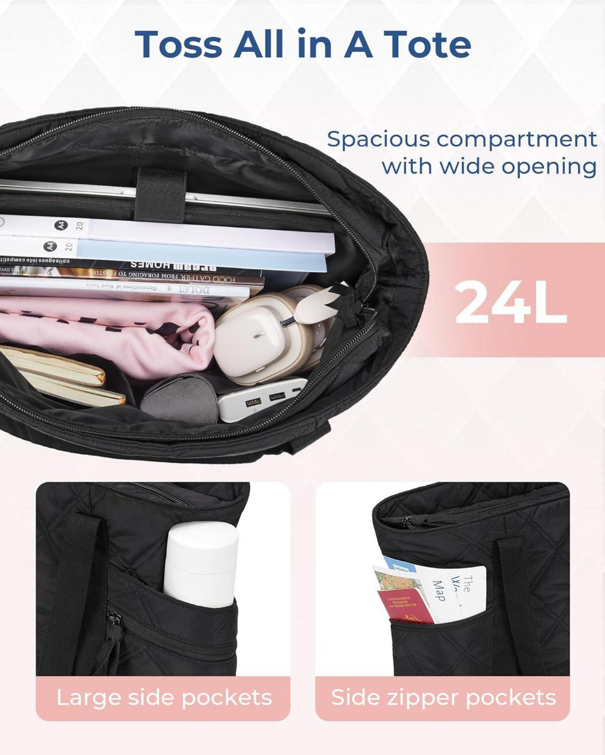 Große Damen Handtasche 24L Wasserdicht mit Reißverschluss