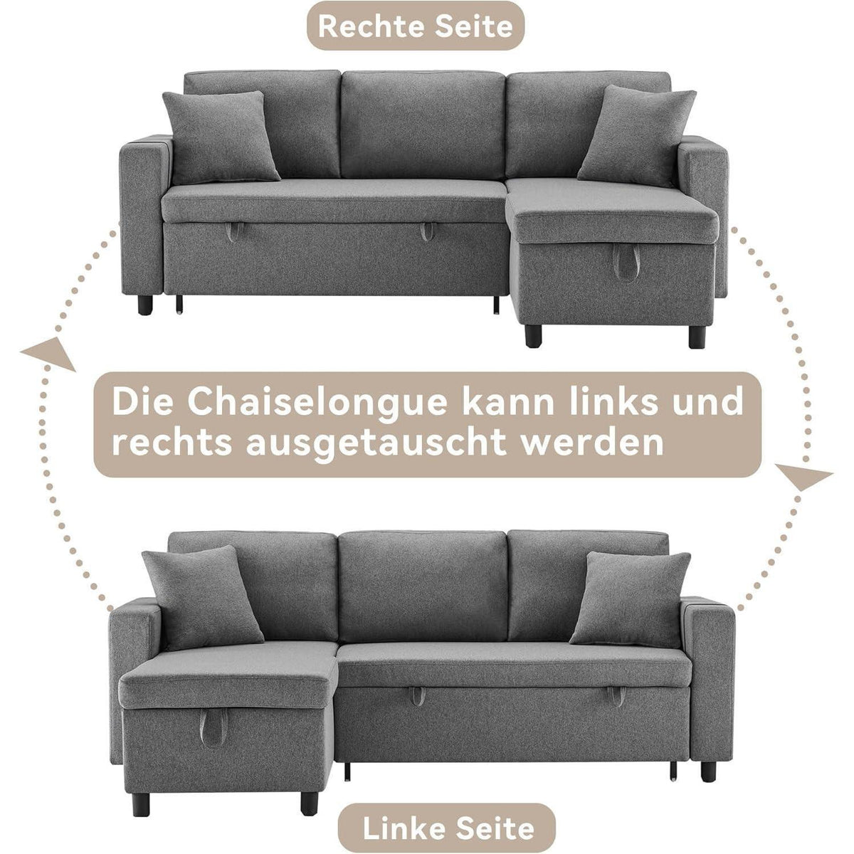 Schlafsofa L-Form Dunkelgrau mit Stauraum & Kissen