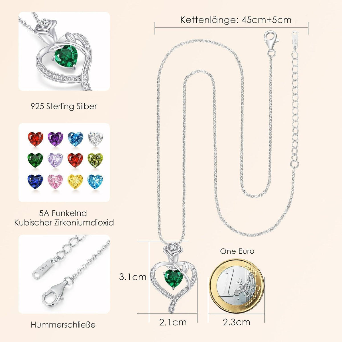 Herz Halskette Rosegold mit Geburtsstein aus 925 Sterling Silber