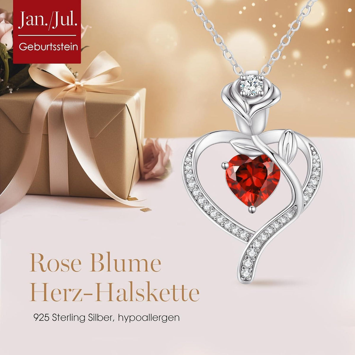 Herz Halskette Rosegold mit Geburtsstein Sterling Silber 925 Damen