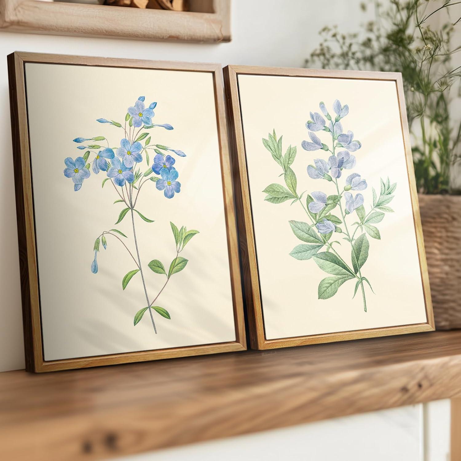 Vintage Botanische Leinwandbilder 30x40cm Blaue Blume Rahmen Holz