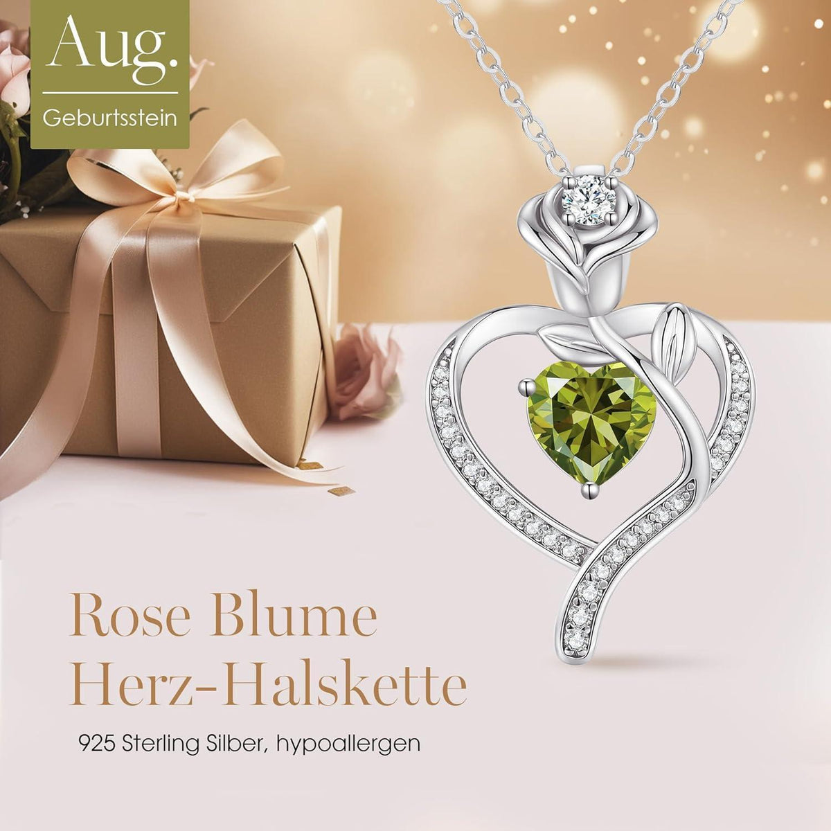 Halskette Damen Rosegold Herz mit Geburtsstein Sterling Silber 925