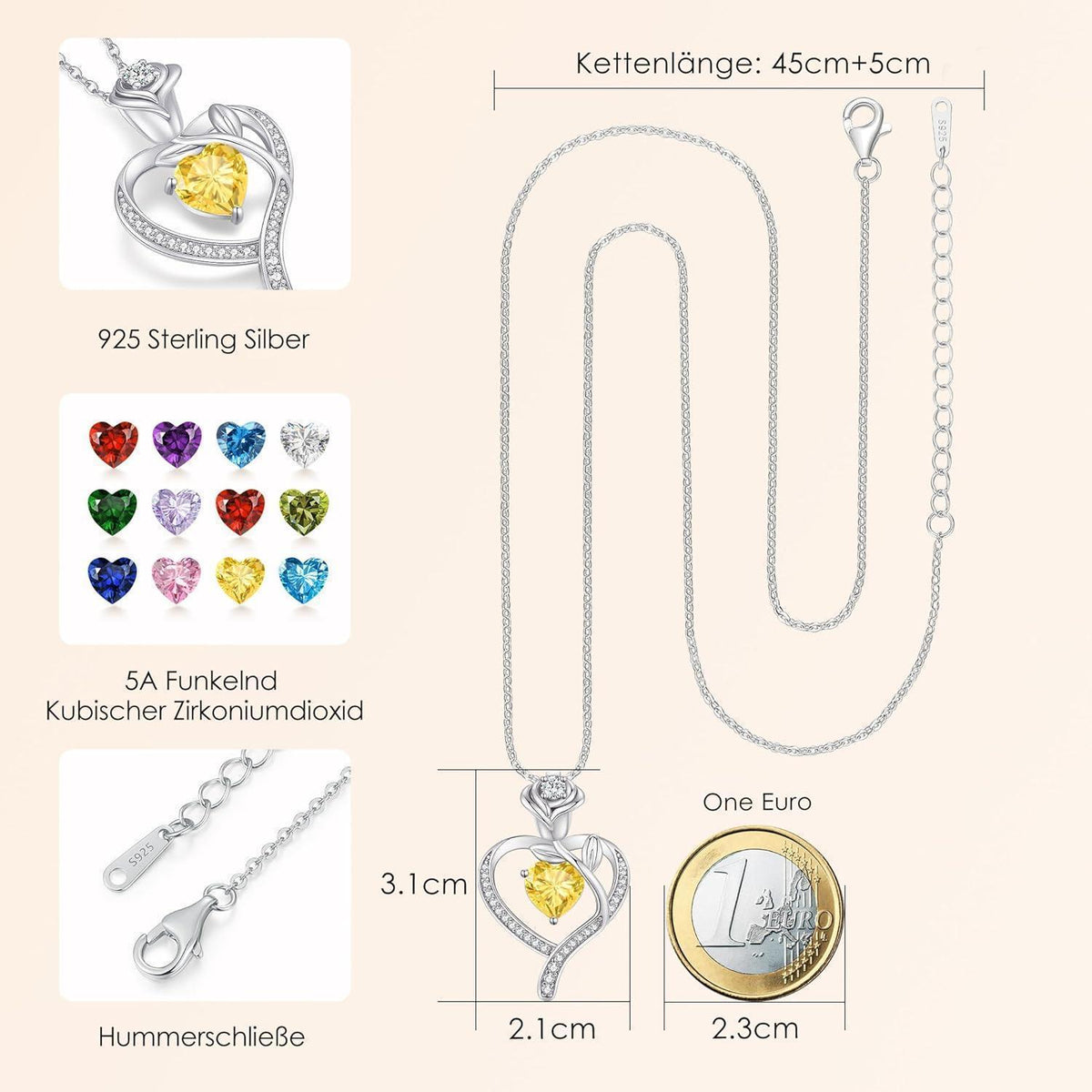 Herz Halskette Rosegold mit Geburtsstein aus 925 Sterling Silber