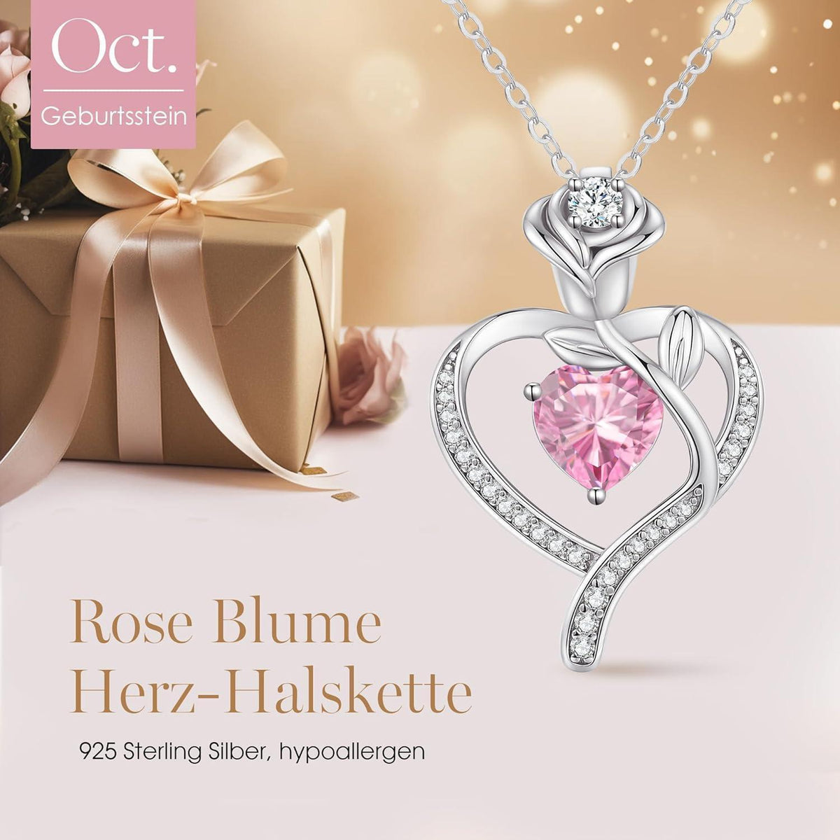 Halskette Herz mit Geburtsstein aus 925 Sterling Silber Rosegold
